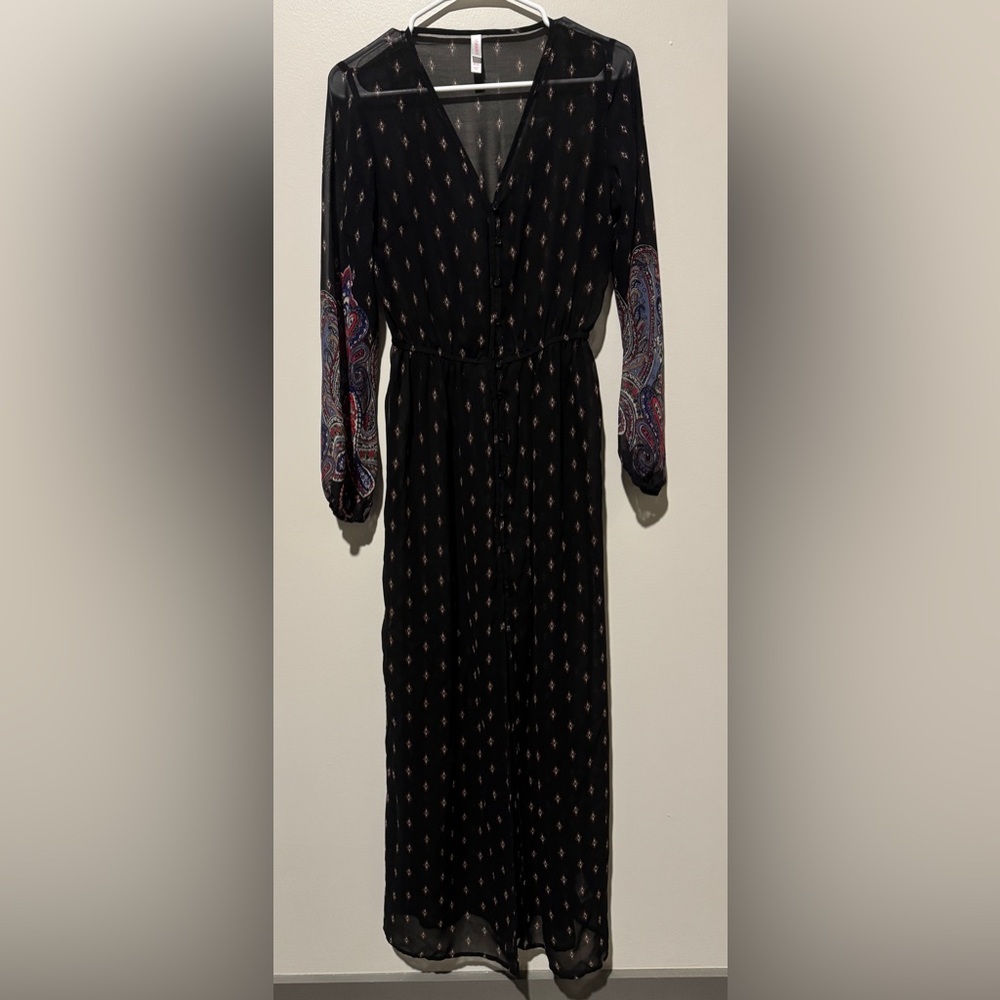 Xhilaration Black Paisley V-Neck Button Front Maxi Dress Size M Boho Chic